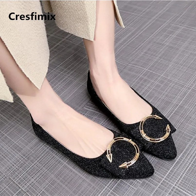 Cresfimix zapatos de mujer женские модные черные блестящие туфли без шнуровки на плоской подошве женские удобные туфли с острым носком красивая обувь