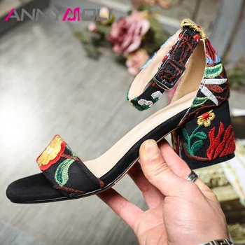 

ANNYMOLI Women Shoes Ankle Strap High Heel Sandals Flower Square Heel Sandals Summer Ladies Fashion Party Shoes Large Size 42 43