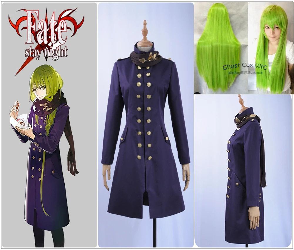 Fate/большой заказ FGO Косплей Enkidu Косплей Костюм женский фиолетовый Тренч куртка шарф Униформа зеленый длинный парик Holloween карнавал