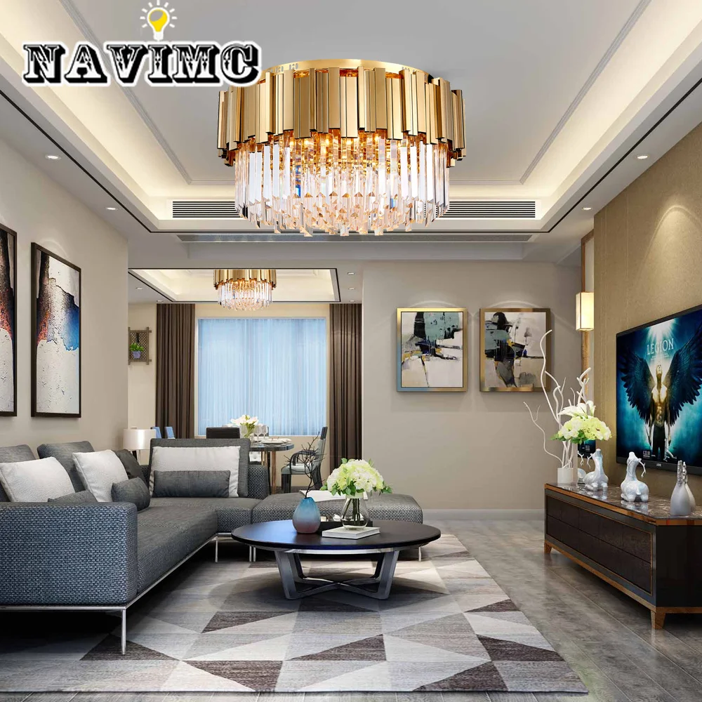

Round Gold Crystal Chandelier For Ceiling Luxury Modern Bedroom LED Lustres De Cristal Home Indoor Lighting Fixtures