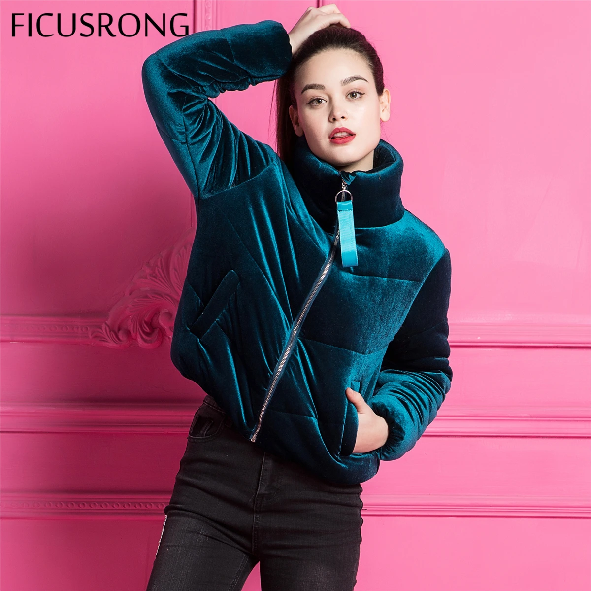 FICUSRONG Velvet cotton padded basic jacket coat Warm blue parkas jackets female 2018 new autumn winter jacket women outerwear