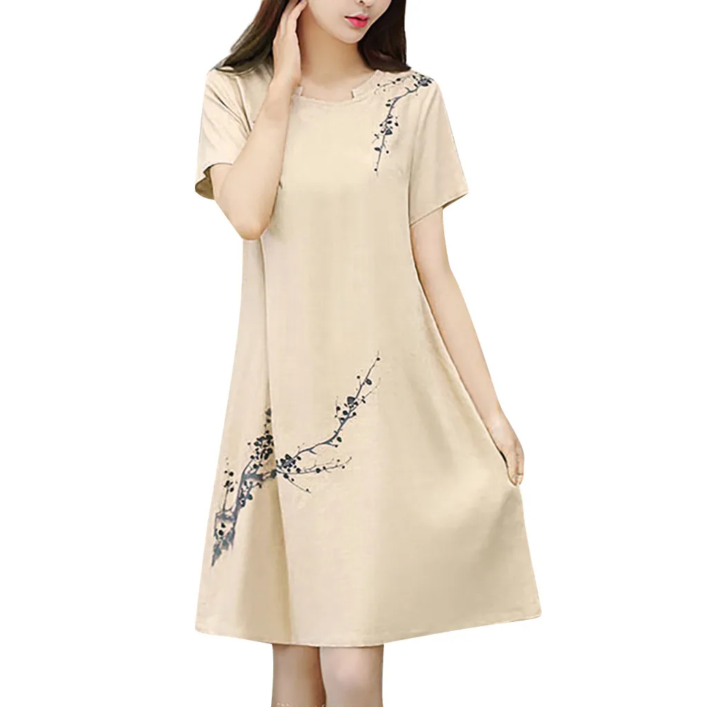 

JACOSIN Dress Women Sexy&Club Vintage dress Floral Print O Neck Short Sleeve Cotton Linen Loose Casual Dresses formal elegant