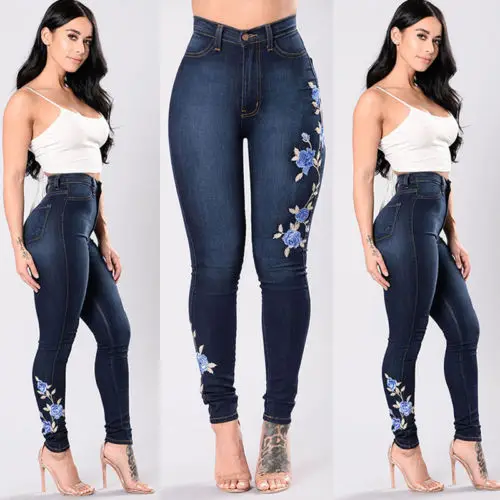 Женские синие обтягивающие джинсы с высокой талией и цветочным принтом, Стрейчевые джинсовые джеггинсы, размер 6-16, длинные узкие брюки, джинсы