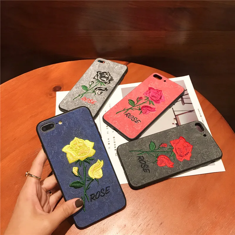 Beautiful Rose flowers embroidery Hand Made mobile phone case for