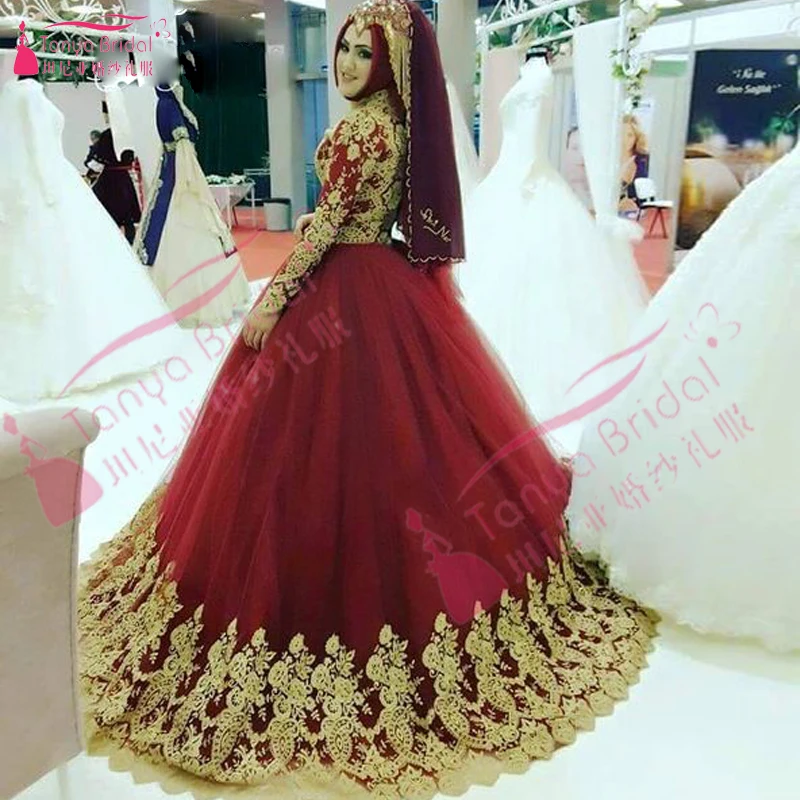 Red Muslim Long sleeve Wonderful Wedding Dress African Long Tulle Ball Gowns font b Hijab b
