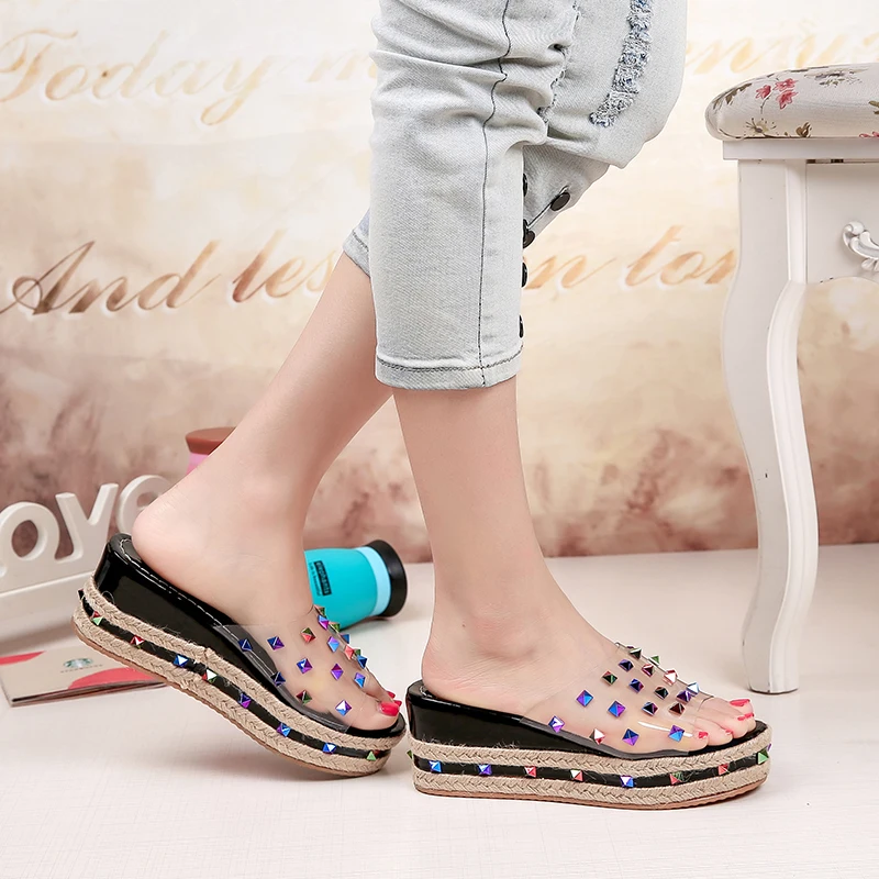 

Lucyever 2019 Summer Open toe Multi Color Rivets PVC Flip Flops Slipper Hemp High Platform Wedges Sandals Beach Shoes Woman