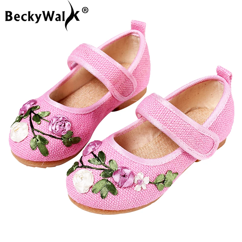 BeckyWalk الصينية زهرة التطريز الاطفال أحذية أكسفورد الفتيات أحذية الأميرة الرقص الأحذية التقليدية القماش الأطفال أحذية CSH690