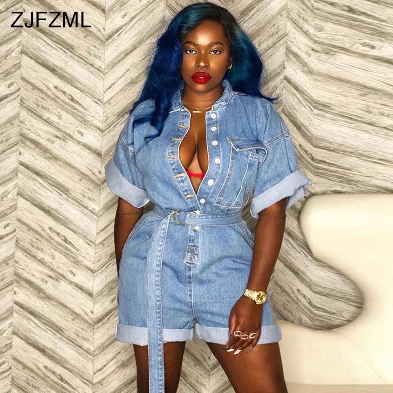 

ZJFZML Deep V Neck Short Sleeve Denim Playsuit Women Turn-Down Collar One Piece Bodysuit Fashion Lady Belted Plus Size Jumpsuit