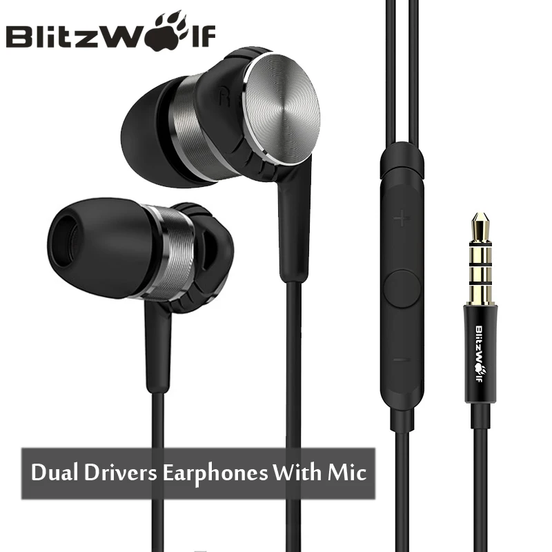 BlitzWolf Hybrid 3 5mm Earphones With Microphone Phone Earphone Wired Sport In ear Noise Cancelling Earphones