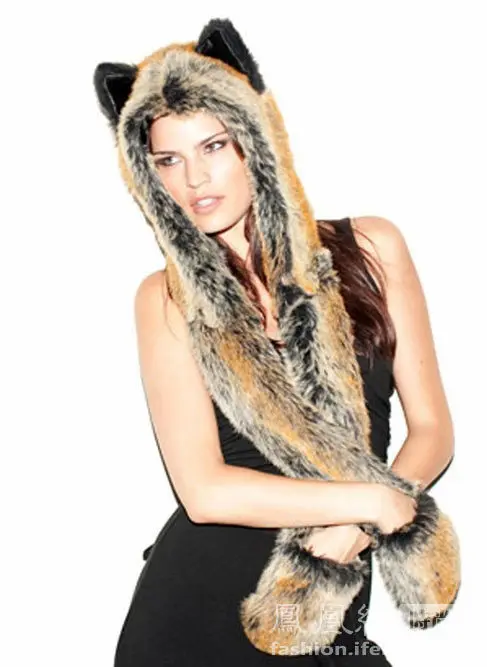 Women/Men Winter Faux Fur Hood Animal Hat Ear Flaps Hand Pocket Scarf Hood Hat Wolf Plush Warm Animal Cap With Fur Scarf Gloves Cycling Gloves Winter Hat Winter Accessories Knitted Hat Scarf Set Men Gloves