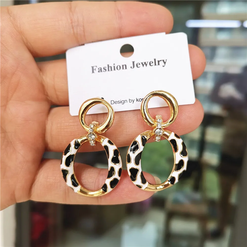 

New Gold Color Dangle Earrings Rhinestone Classic Enamel Round Drop Earring For Women Jewelry