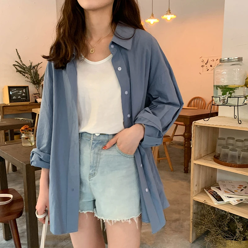 

4 colors 2019 summer korean style loose solid color long sleeve blouses womens shirts womens sun protection women shirt (X273)