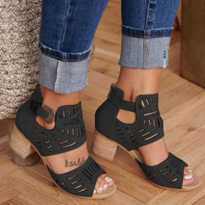 

Litthing High Heels Shoes 2019 Women Vintage Hollow Out Peep Toe Square Heel Wedges Sandals Zapatos Mujer Women Sandals Fashion