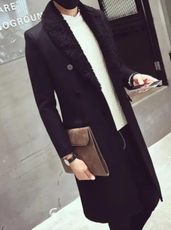 Зимние длинные тренчи, мужские длинные пальто с меховым воротником, двубортный пиджак Gabardina Hombre Larga, тонкая шерстяная винтажная мужская куртка Steampuk - Цвет: Черный