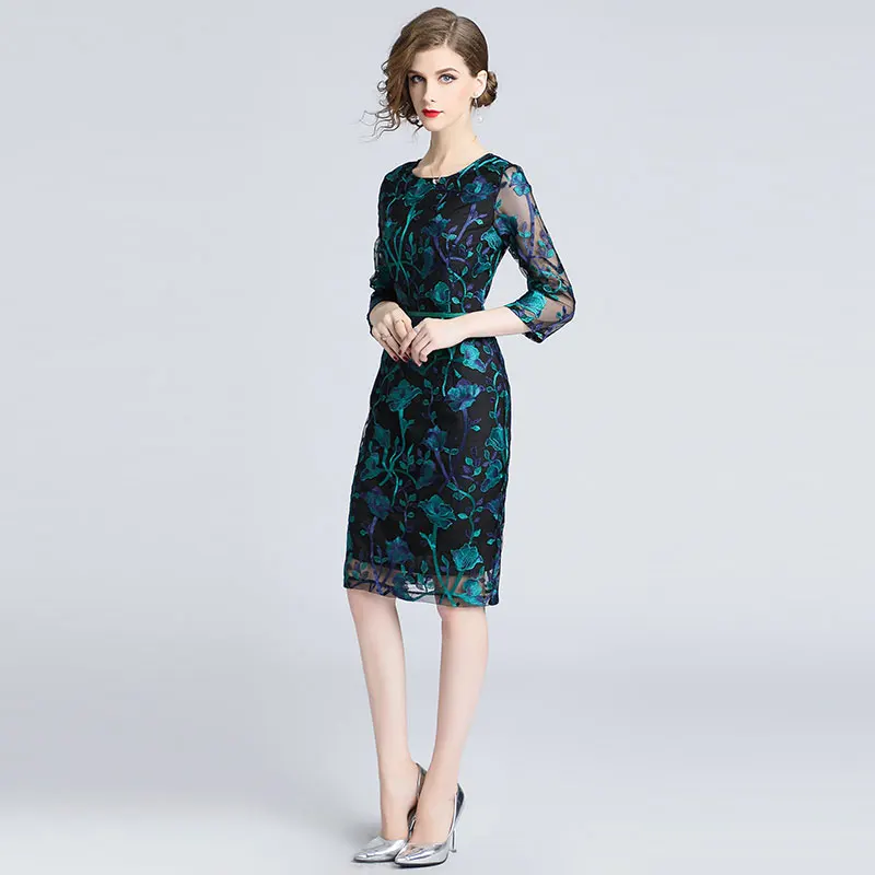 Borisovich Office Lady Pencil Dress New Brand 2018 Autumn Fashion Floral Mesh Embroidery Elegant Slim Women Party Dresses N039