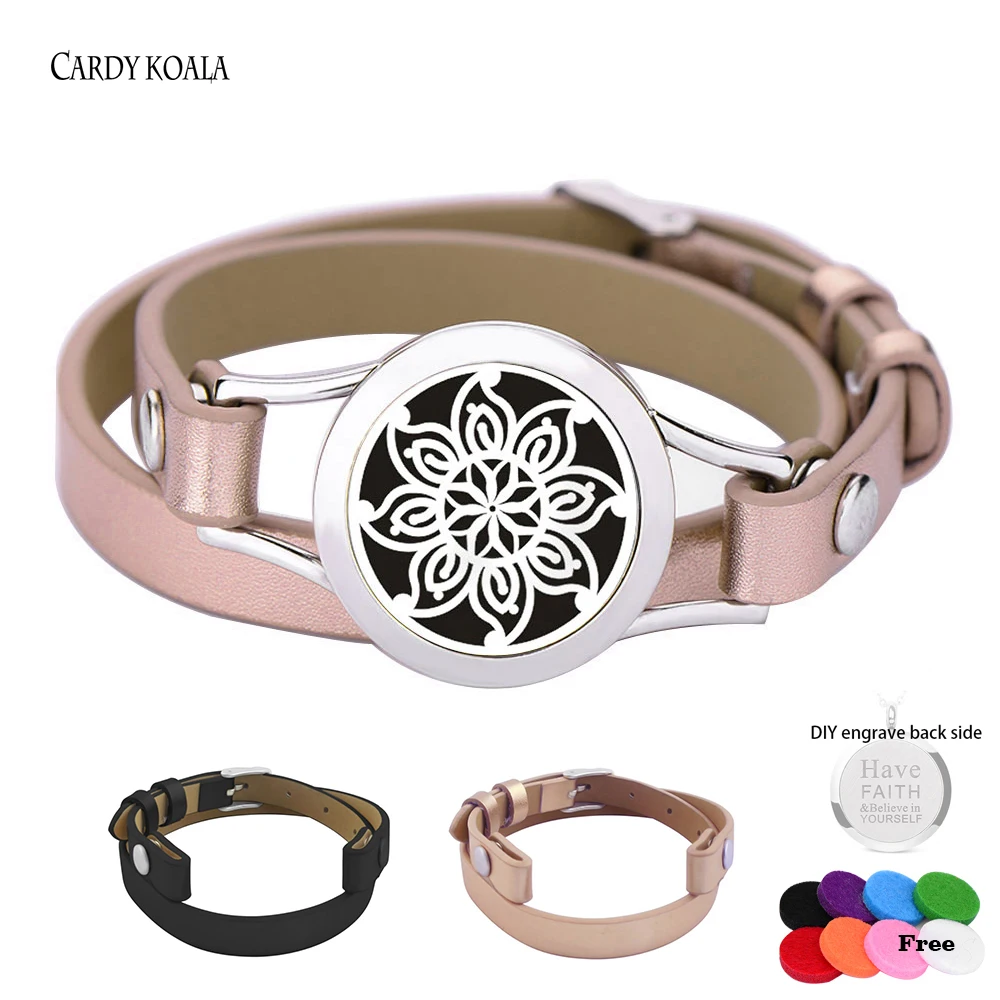 

Rose/Black Genuine Leather Essential Oil Diffuser Locket Bracelet twist screw 25mm locket for Women Aroma Bracelet 8pads