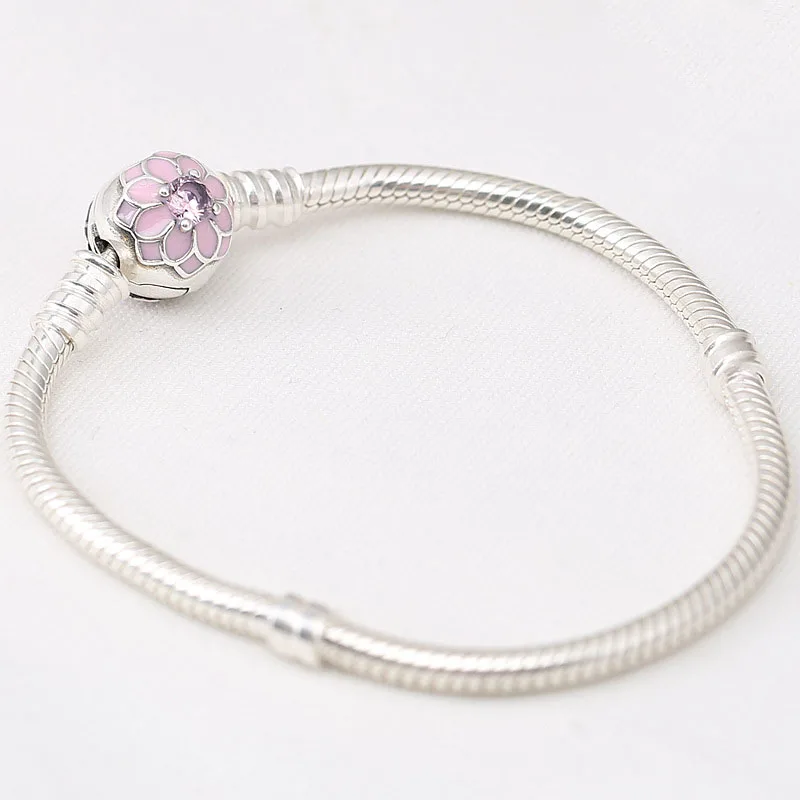 

100% 925 Sterling Silver Bead Charm Snake Chain Fit Original Pandora Bracelet with Magnolia Bloom Clasp for Women DIY Jewelry