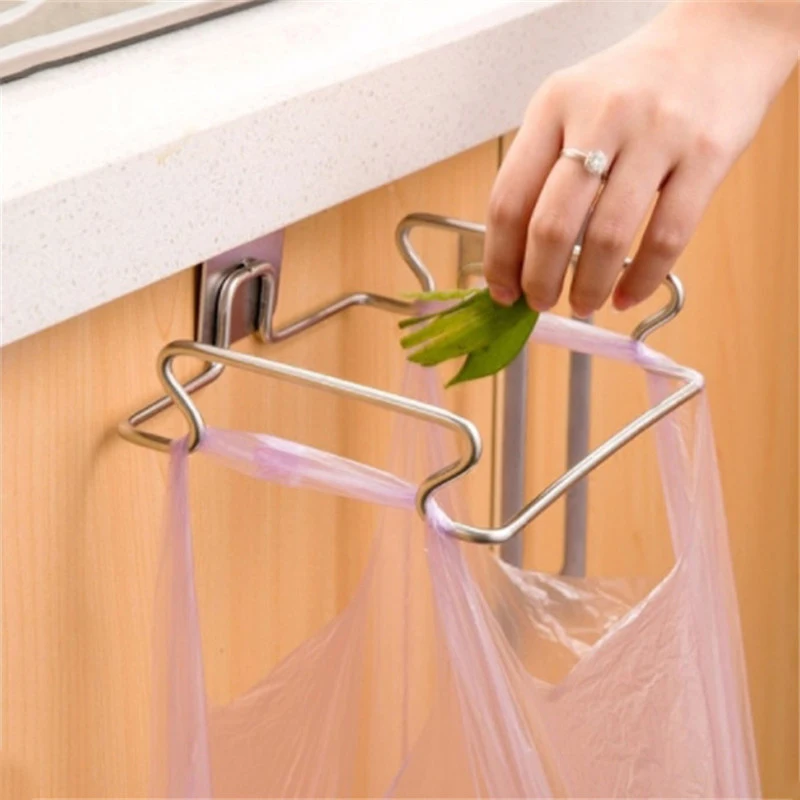 

Support Storage Rack Stainless Steel organizer Door Hook Garbage Bags Hanger Cupboard Stand Trash Kitchen bathroom Accessories