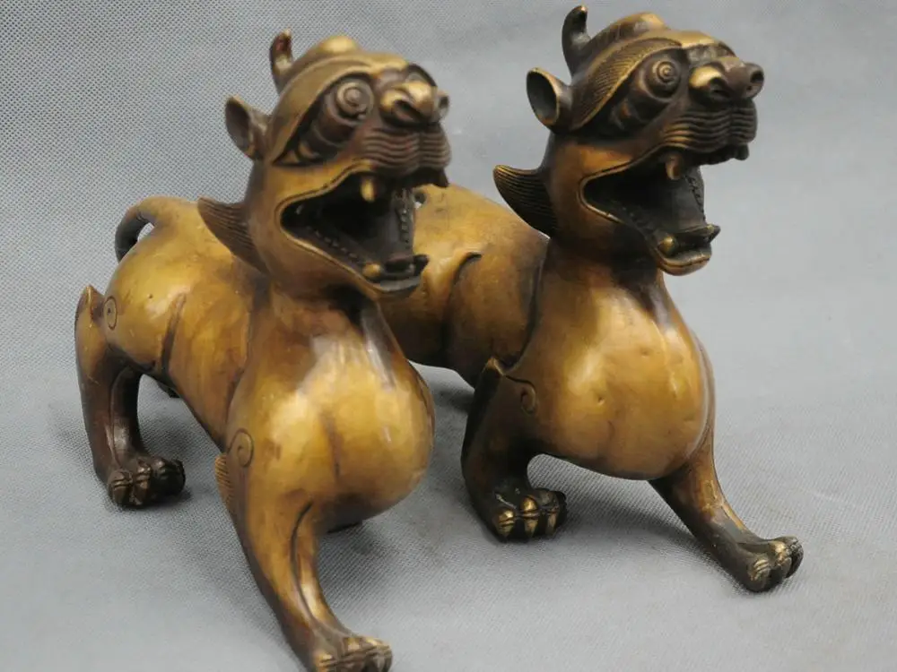 

10" China Fengshui Foo Dog Unicorn Dragon Bronze Statue