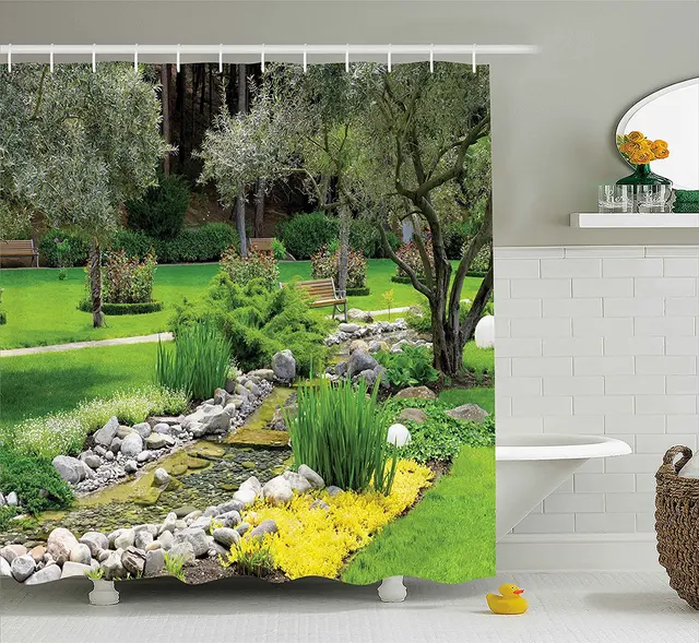 Garden Decor Shower Curtain Japanese Park Style Recreational View with