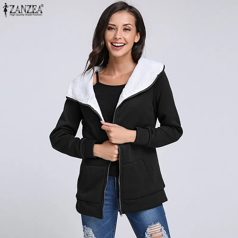 

ZANZEA 2019 Women Fleece Jacket Hooded Sweatshirt Winter Warm Cotton Zipper Up Outerwear Hoodies Sweatshirts Plus Size Oversized