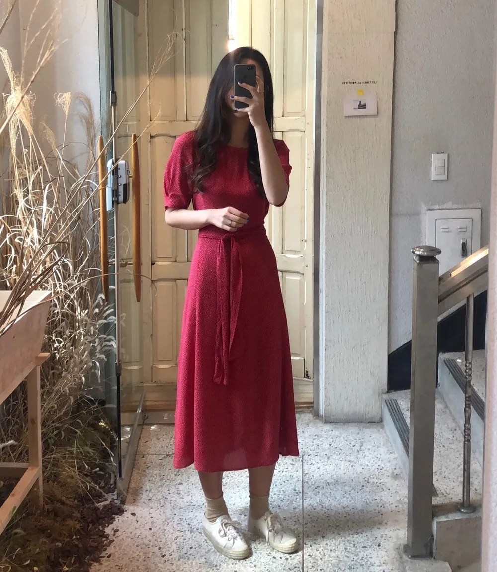 

Women Vintage Chiffon Dress Korean Elegant Tunic Short Sleeve O-neck Ropa Mujer Casual Woman Beach Summer Long Polka-dot Dress