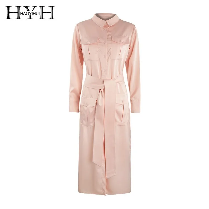 

HYH Haoyihui 2019 Commuting Simple Belt Pink Summer Lazy Wind Flip Pocket Over The Knee Long Version Shirt Dress New Arrival