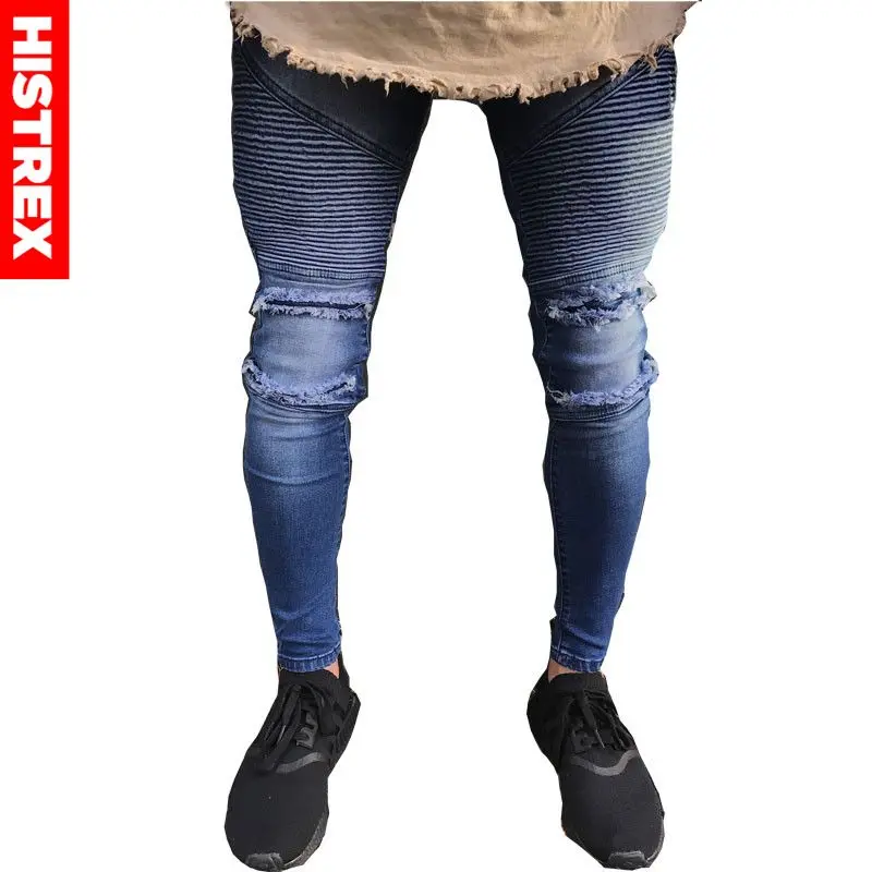 HISTREX Для мужчин s джинсы джоггеры тощий Жан Для мужчин Синий Байкер карандаш для молнии рваные уличной хип-хоп мотоциклетные штаны# HJZ7X