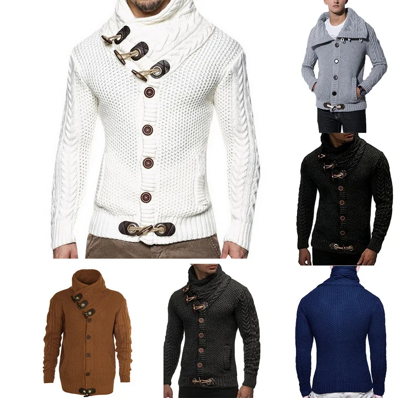 Мужской кардиган с пряжкой, свитер, пальто на осень и зиму, теплый толстый вязаный джемпер с высоким воротом, свитера, мужские пальто