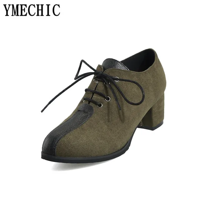 YMECHIC/2018 Осенняя обувь на блочном каблуке Туфли гладиаторы из флока шнуровке