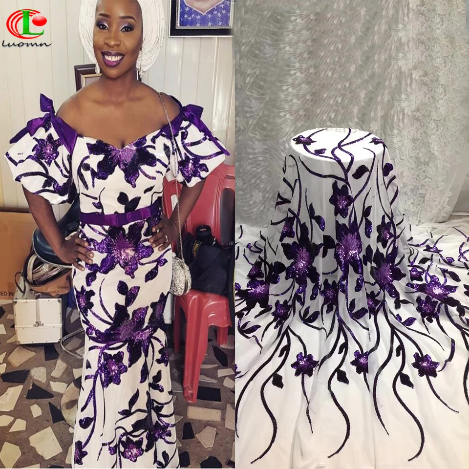 Africa Lace For Evening Dress Hojilou White Sequins Fabric For Clothes