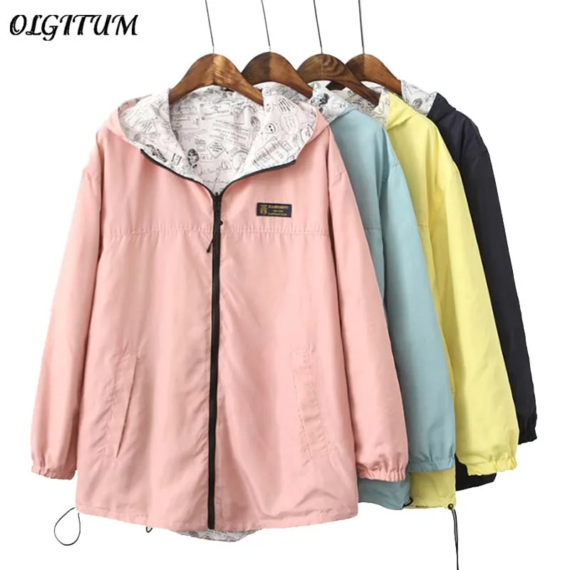 

2019 New Spring Women Coat Pocket Zipper Design Hooded Two Side Wear Cartoon Print Candy Color Jacket Outwear Loose Plus Size