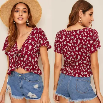 

2019 T-Shirt Casual Shirt Tops New Casual Women Sexy Deep V Neck Ladies Summer Floral Print Short Sleeve Crop Loose Chiffon