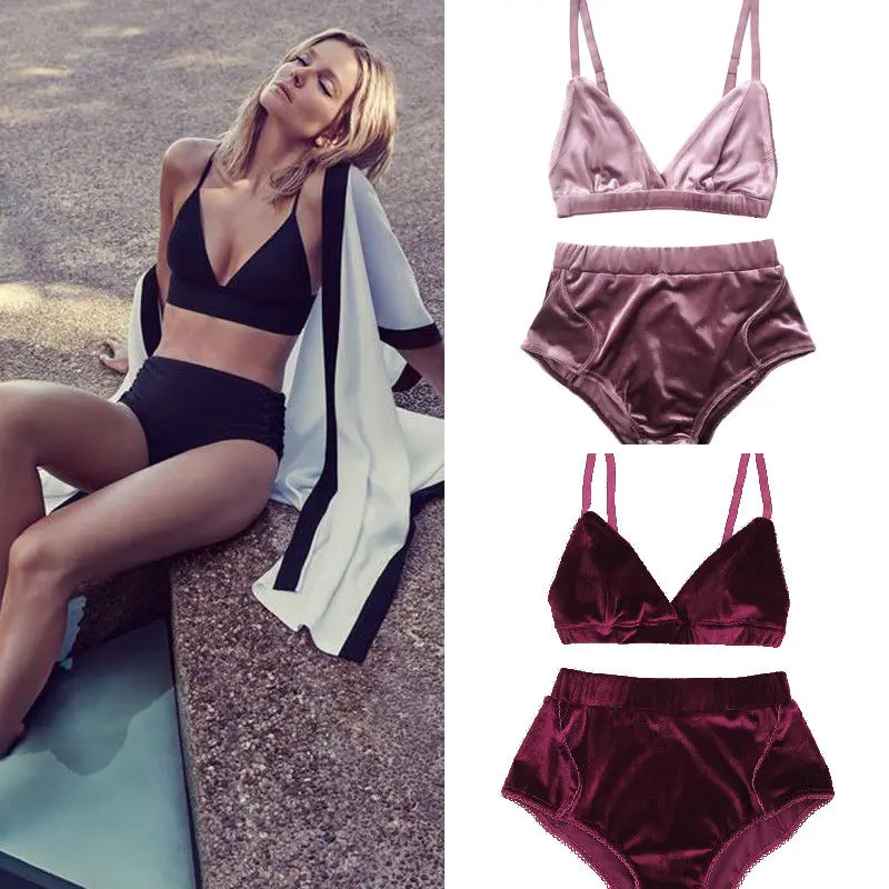 

US NEW STOCK Women Deep V Vintage Push Up Bra Underwear Set Vintage suede swimwear