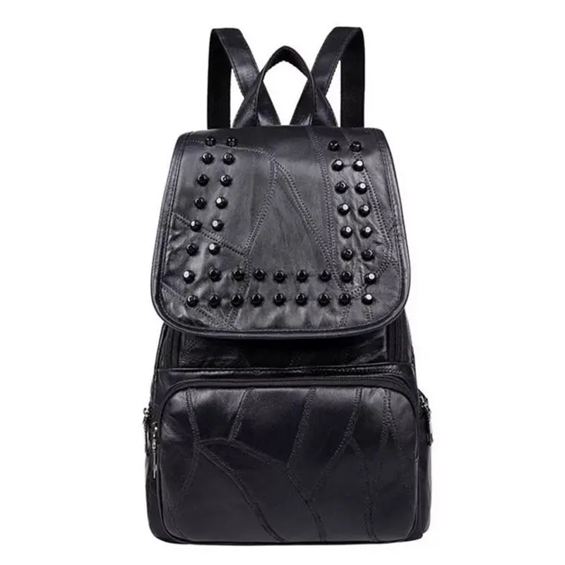 

New Style Style Backpack Women PU Leather Backpacks For Teenage Girls School Bags Fashion Studs Solid Black Shoulder Bag