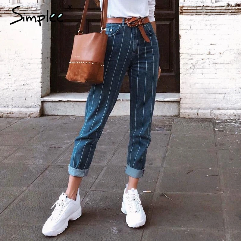 Günstig Simplee Sexy streifen blau jeans frauen hosen Zipper tasche denim hosen Casual streetwaer herbst hosen 2018 hohe taille hosen