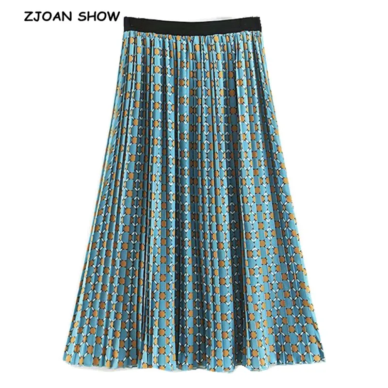 

2019 Retro Geometric Dot Print Midi Pleated Skirt Retro New Vintage High Waist Mid-calf Swing A-Line Skirts Skater Femme