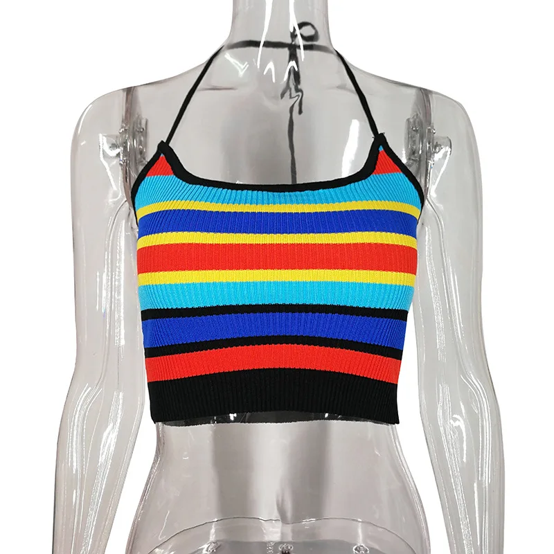  Cryptographic Rainbow Striped Knitted Halter Sexy Camis Crop Tops Summer Festival Top Feminino Stre