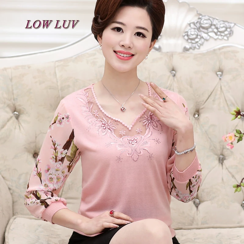 

2017 new middle-aged women's spring yarn sleeve knit sweater mother loaded coat middle-aged bottom shirt summer