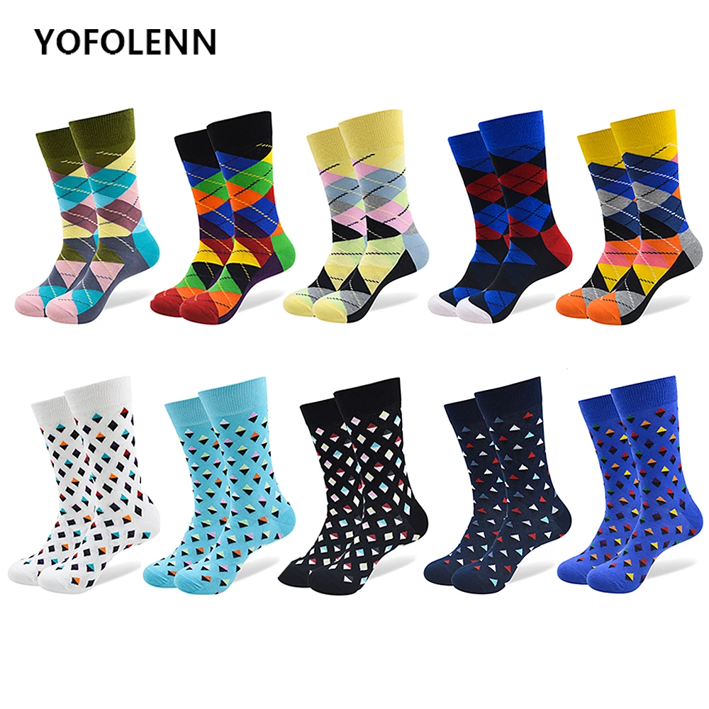 

10 Pairs/Lot Men's Colorful Socks Combed Cotton with Colorful Patter Diamond Compass High Quality Happy Funny Sock US 7-10