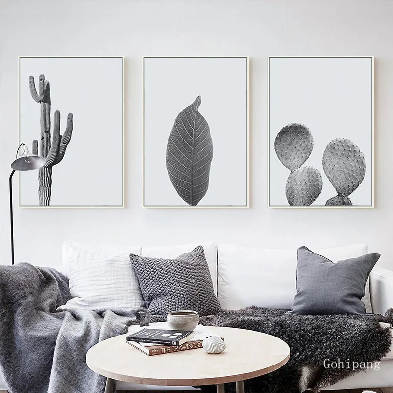 Nordic Modern Minimalist Black and White Cactus Canvas Paintings Lonely Leaf Poster Print Wall Art Pictures Living Room Decor
