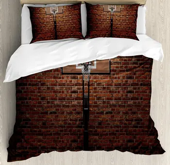 

Basketball Duvet Cover Set Old Brick Wall and Basketball Hoop Rim Indoor Training Exercising Stadium Picture 4 Piece Bedding Set
