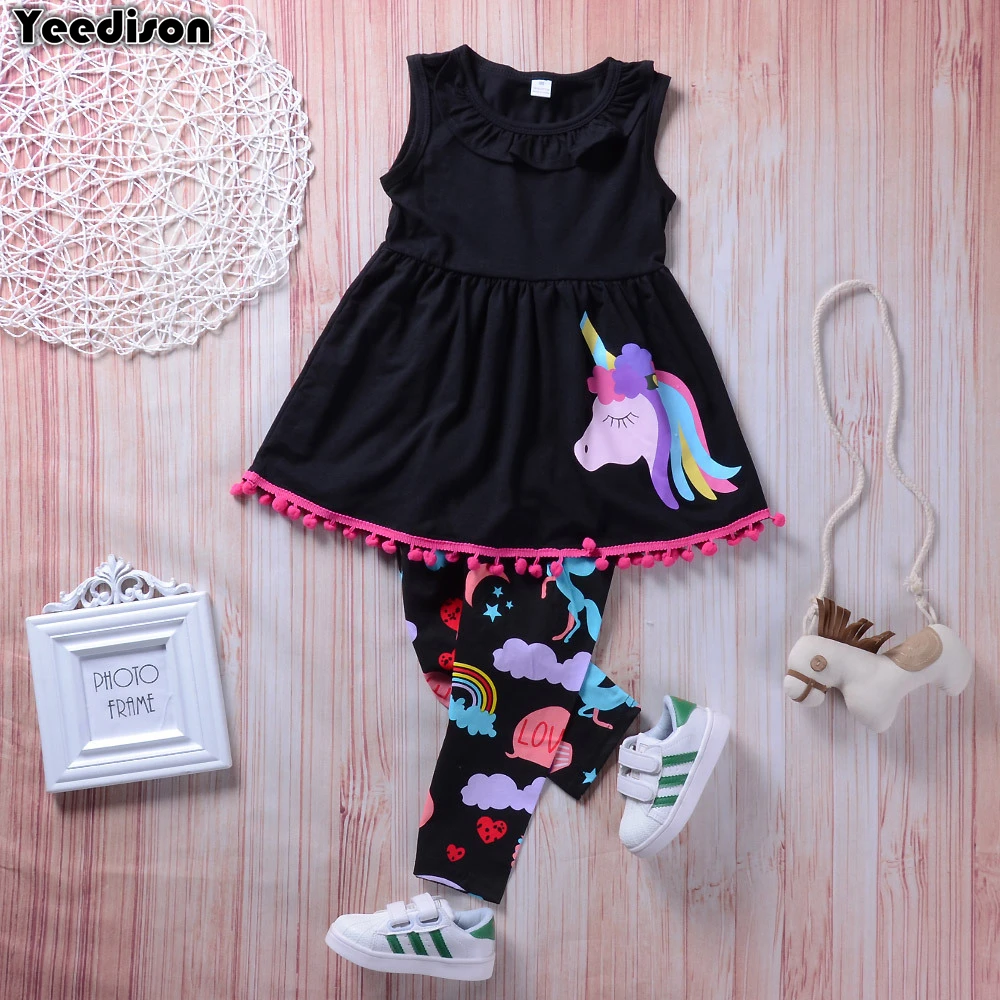 Yeedison Sleeveless Children Clothing Set 2018 Summer Girls Clothes Cotton Kids Outfit Suits 2Pcs Grils Unicorn Dress Pants Sets (1)
