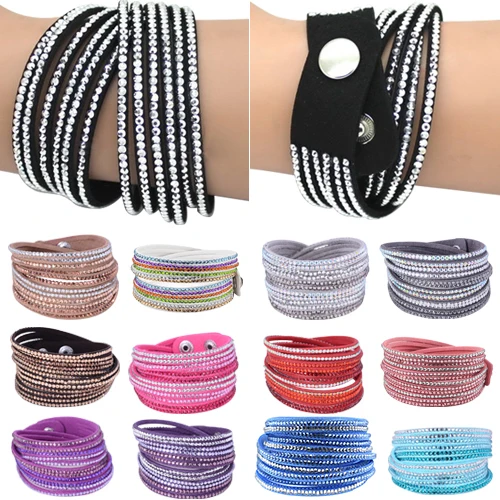 

Women 12 Layers Shiny Rhinestones Cuff Bangle Faux Leather Button Bracelet 1U25