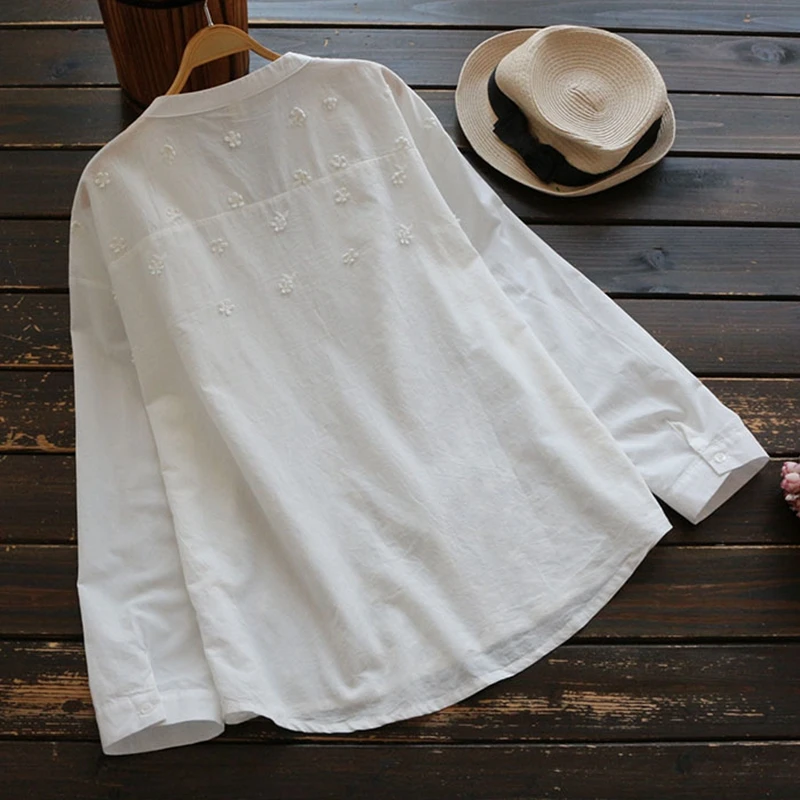 Весенняя женская блузка mori girl с длинным рукавом, Повседневная однотонная с трехмерными цветами, v-образный вырез, хлопок, белая рубашка, топы