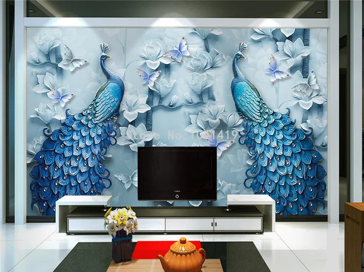Китайский стиль 3D тиснением синий павлин картина маслом Настенные обои Гостиная ТВ диван отель фон обои классический Декор