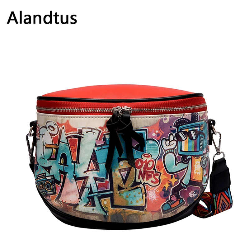 

Alandtus Crossbody Bags For Women Soft Leather Shoulder Bag Graffiti Ladies Messenger Bag Casual Saddle Bag Bolsa Feminina