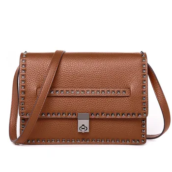 

9280 New Fashion Rivets Bag Lady Small Square Cowhide Leather Shoulder Bags Oblique Span Women's bag