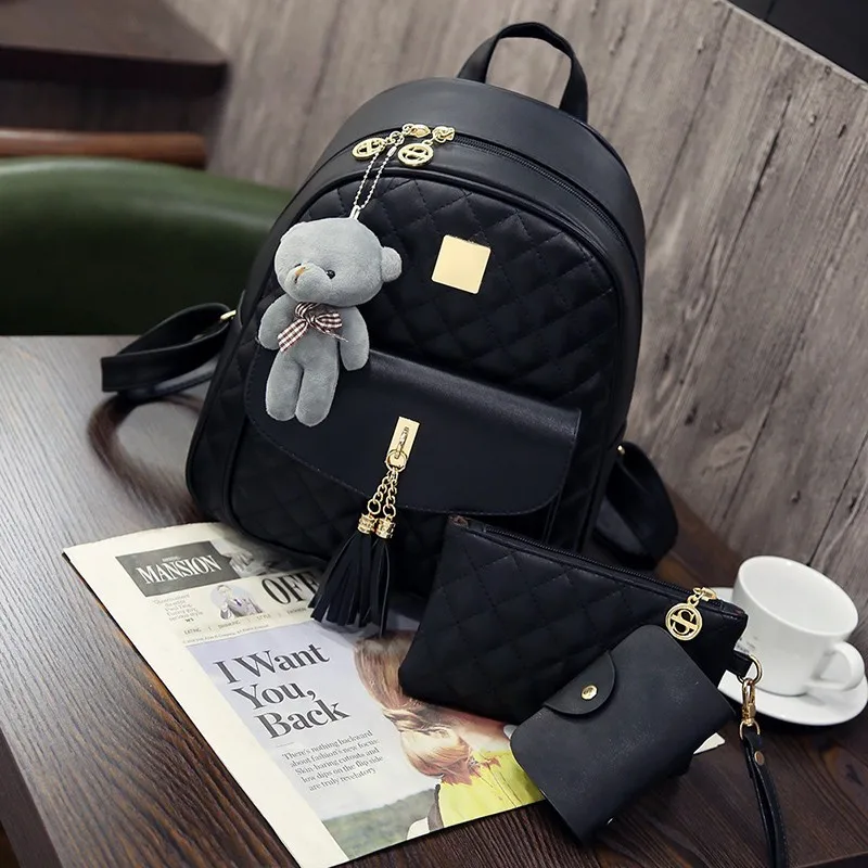 New Arrival 3pcsset Small Bear Pendant Girls Schoolbag PU Tassel Women Backpack Double Zipper Women Bag Vintage Backpack Bag (28)