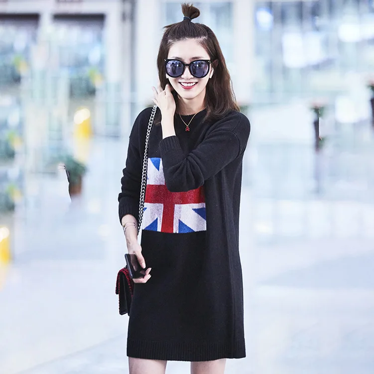 Star Jiang Shuying's Black Rice Flag Jacquard Long Knitted Sweater Dress 2019 Pullovers Fashion O-Neck Black Women Sweater Star Jiang Shuying's Black Rice Flag Jacquard Long Knitted Sweater Dress 2019 Pullovers Fashion O-Neck Black Women Sweater